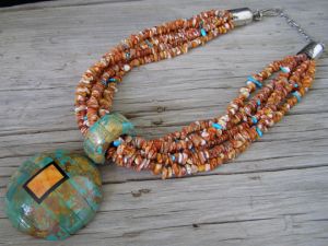 Christopher Nieto Mosaic Inlay Shell Pendant on Six Strand Orange Spiny Oyster Necklace